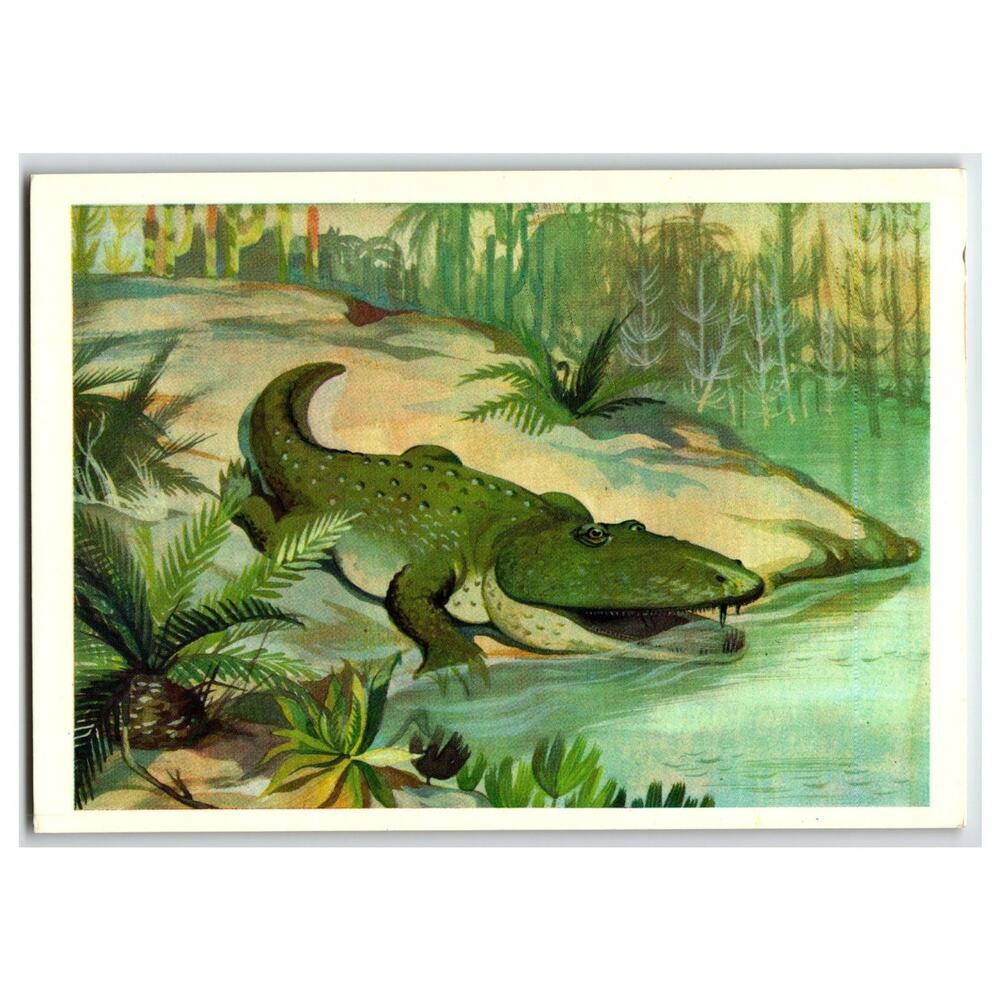 1979 Russian Postcard Eryosuchus Prehistoric Amphibian Dinosaur Art